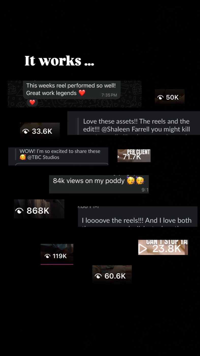 Client messages and reel view counts, including 868K, 119K and 60.6K views