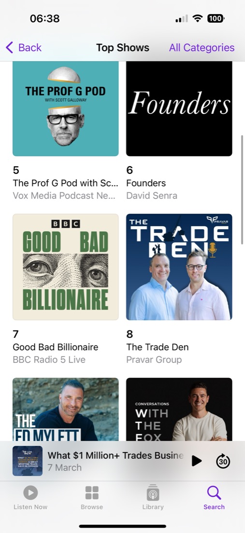 The Trade Den at #8 in Business, next to Founders and The Prof G Pod