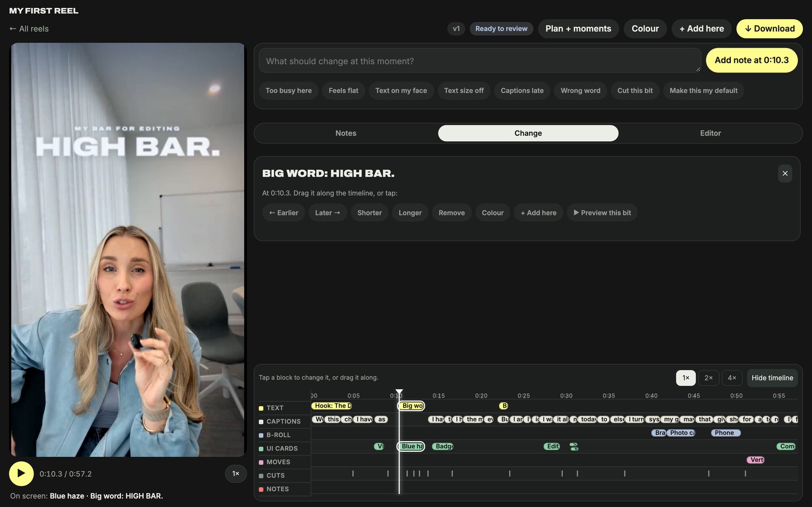 Reel Studio: the reel beside your notes, with every caption, cut and effect on its own layer of the timeline